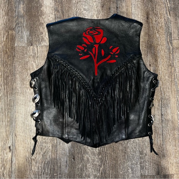 Vintage Milwaukee Leather Size Small Black Leather Fringe Red Rose Vest - Picture 2 of 7